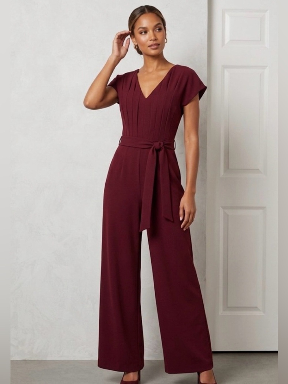 ANTONIO MELANI Red Pleated Maxi Gown V-Neck